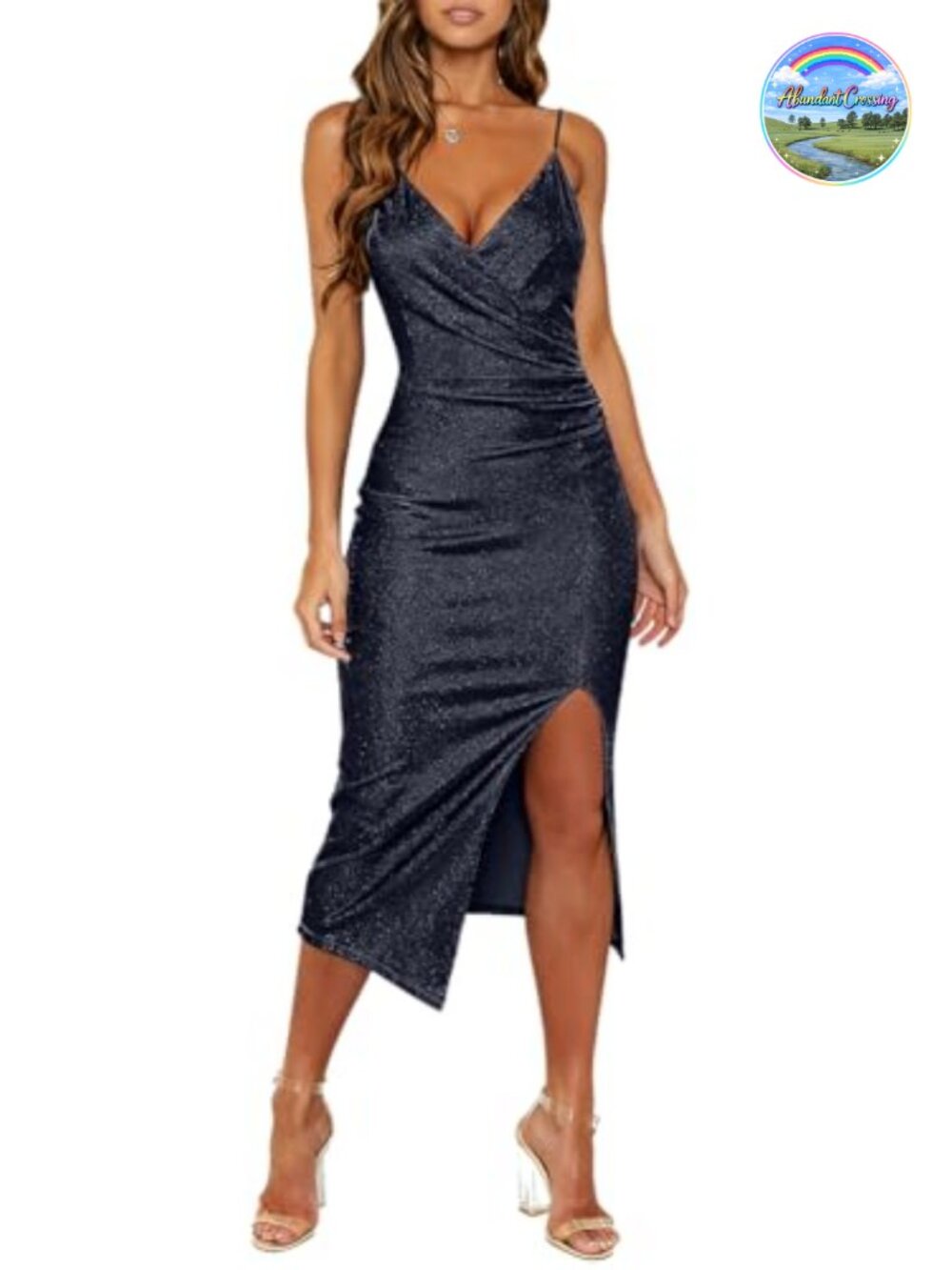Sexy V Neck Spaghetti Strap Sleeveless Wrap Ruched Side Slit Bodycon Cocktail